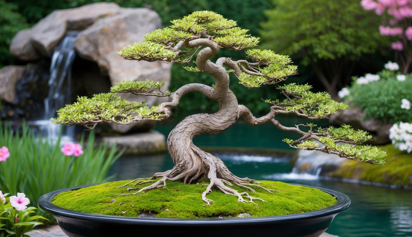 A serene bonsai tree with twisted branches and delicate leaves, surrounded by a tranquil garden with flowing water and blooming flowers