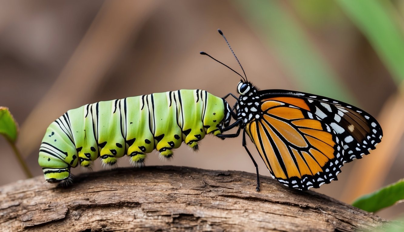 A caterpillar emerging from a chrysalis, transforming into a vibrant butterfly