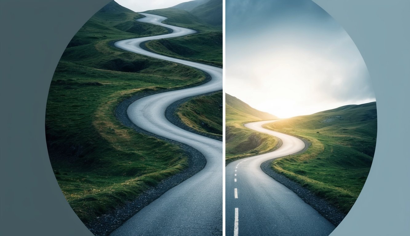 A winding path splitting into two, one leading to darkness, the other to light