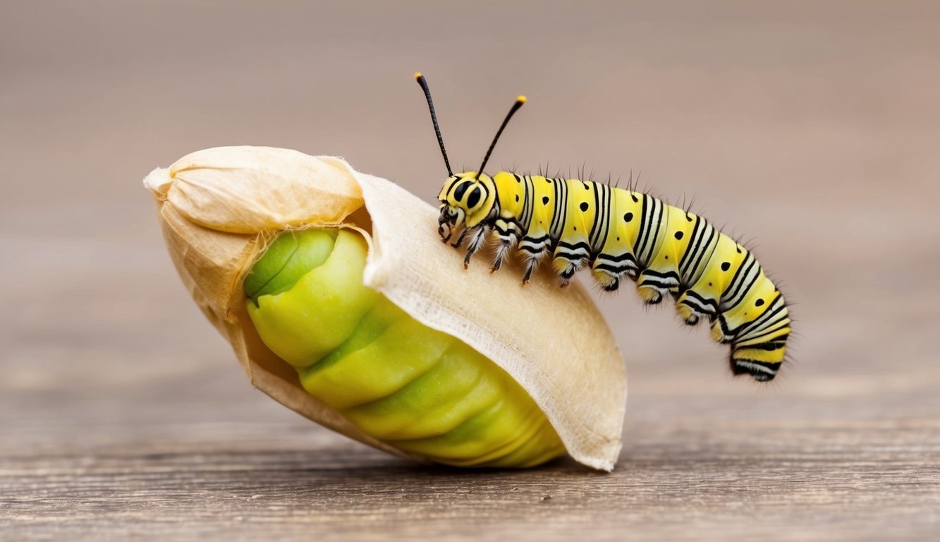 A caterpillar emerging from a cocoon, transforming into a butterfly