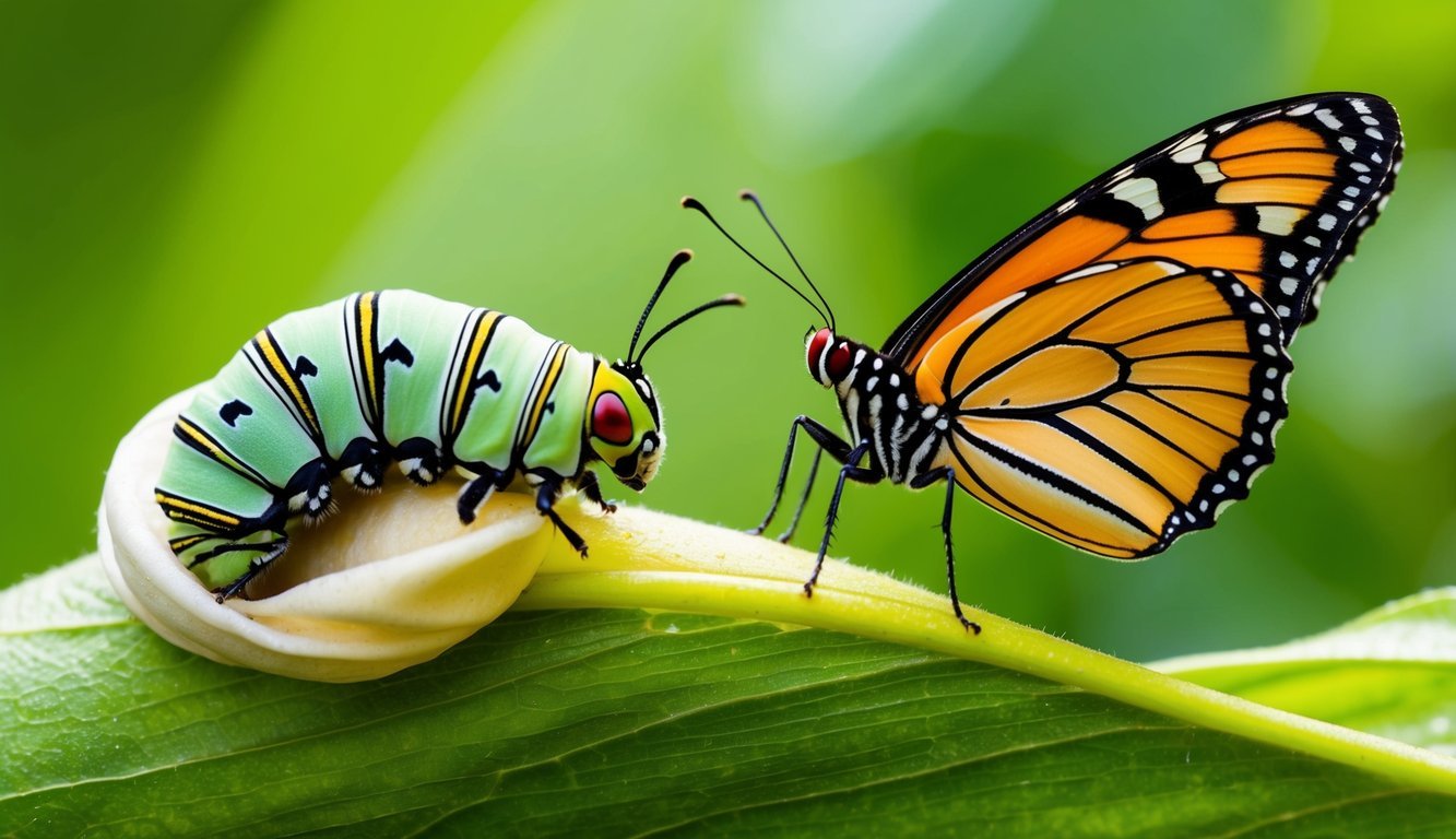 A caterpillar emerging from a cocoon, transforming into a vibrant butterfly, symbolizing the opportunity that change brings