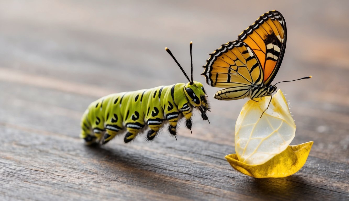 A caterpillar breaking free from its chrysalis, emerging as a vibrant butterfly