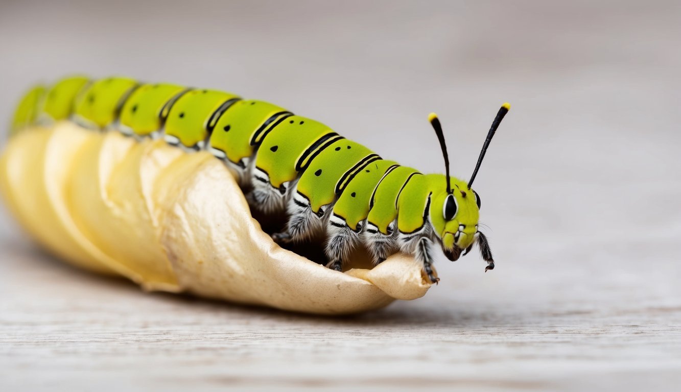 A caterpillar emerging from a cocoon, transforming into a beautiful butterfly