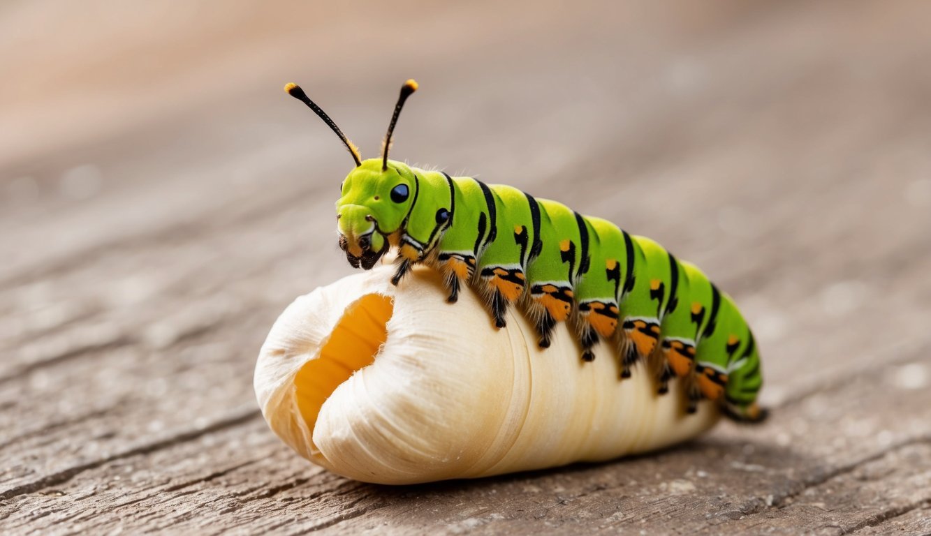 A caterpillar emerging from a cocoon, transforming into a butterfly
