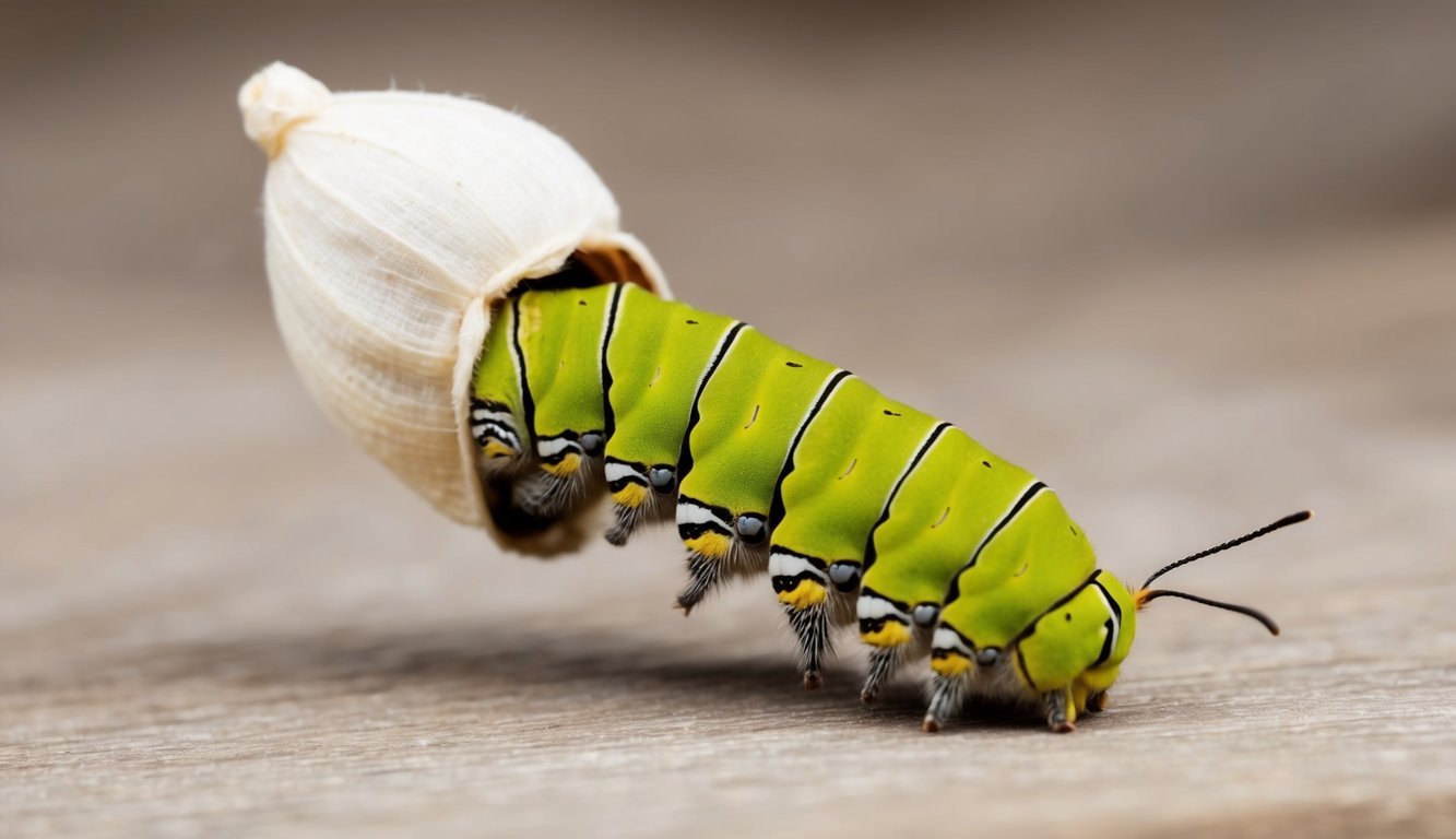 A caterpillar emerging from a cocoon, transforming into a butterfly