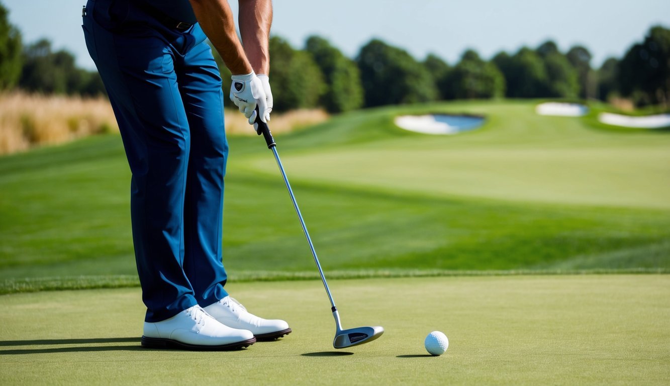 A golfer tees up a ball with a 16-18° loft 4 hybrid club, preparing to hit a low trajectory shot on the fairway