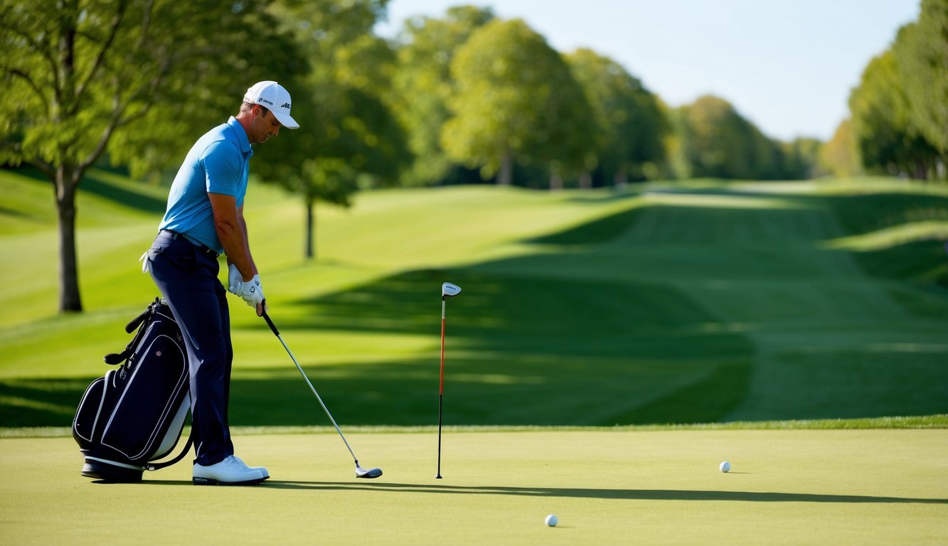 A golfer tees up on a lush fairway, preparing to hit a 5-iron 4 hybrid loft shot at a 24° angle on a sunny day