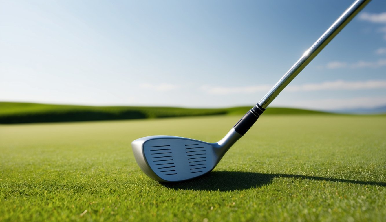 A golf club with a 4 hybrid loft sits on a pristine green fairway, surrounded by lush, manicured grass and framed by a clear blue sky