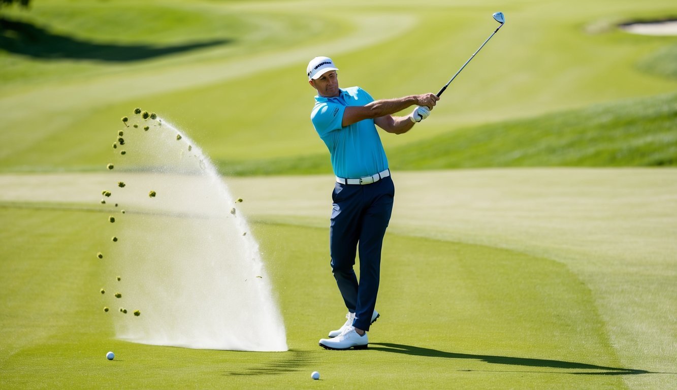 A golfer swings the 4 hybrid loft club, sending the ball soaring through the air towards the green.</p><p>The sun shines down on the lush, manicured fairway