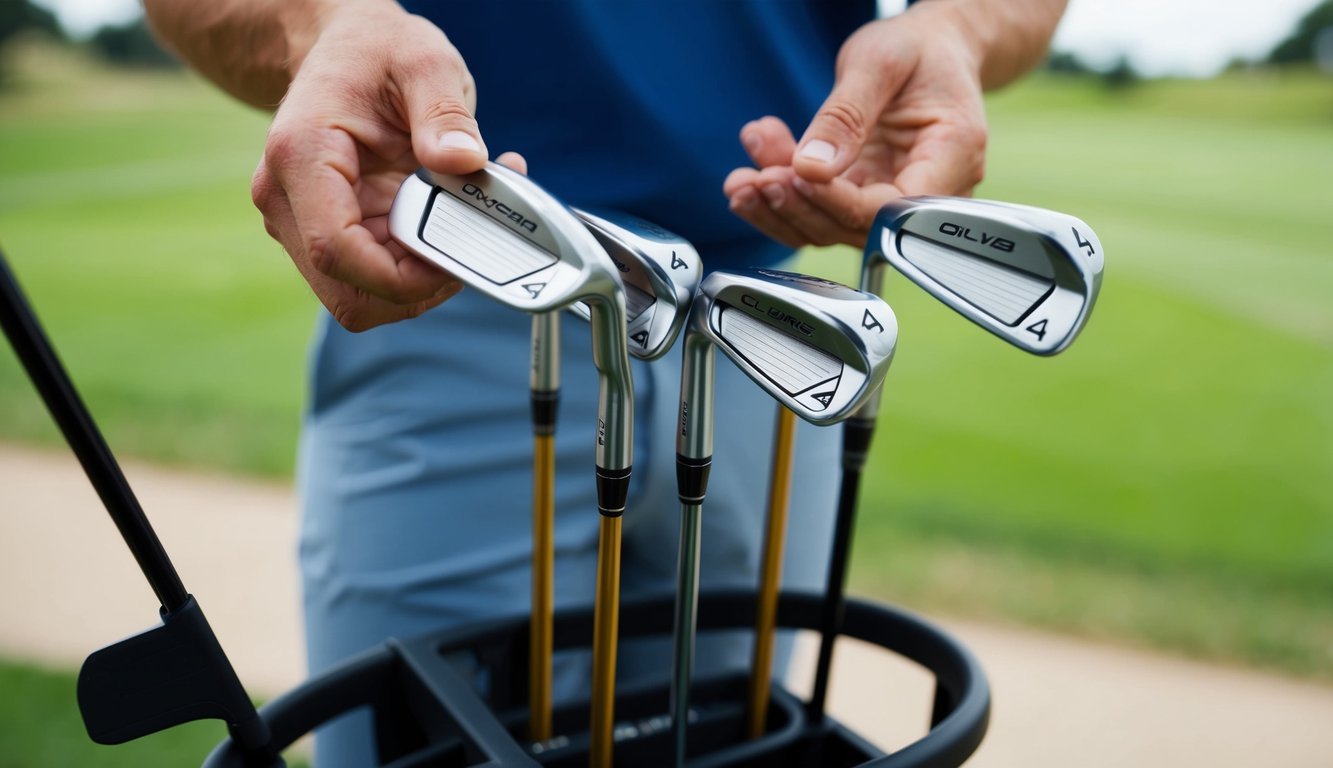 A golfer carefully selects a 4 hybrid club from a rack of various lofts, with focus on the club head and shaft