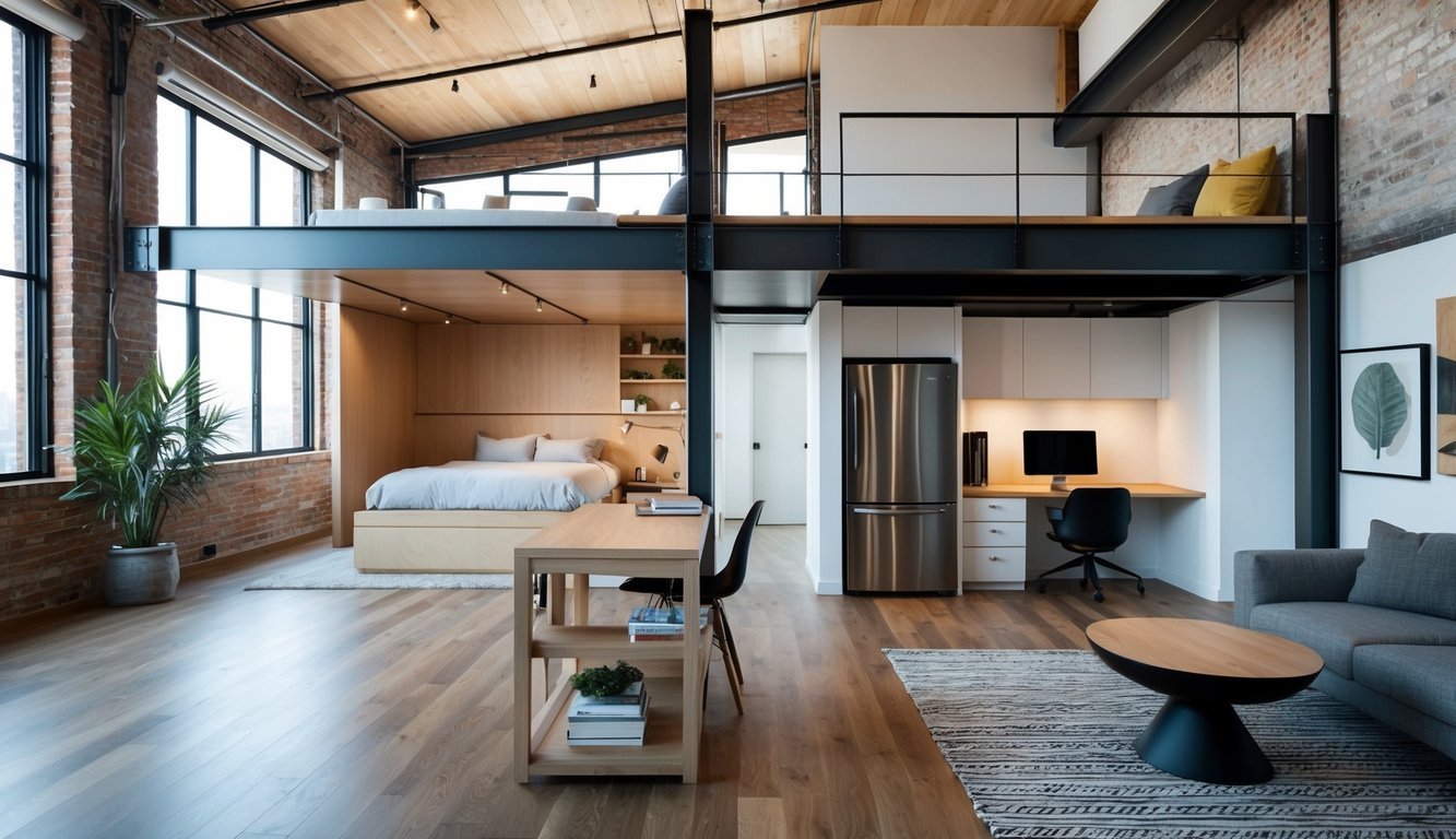 A modern, open-concept loft with a mix of natural and industrial elements, featuring a raised sleeping area and a designated workspace