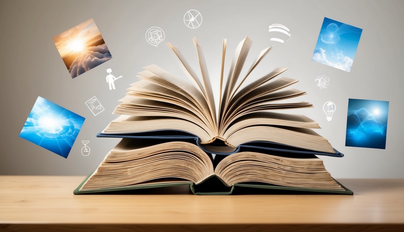 A stack of open books surrounded by floating philosophical symbols and imagery