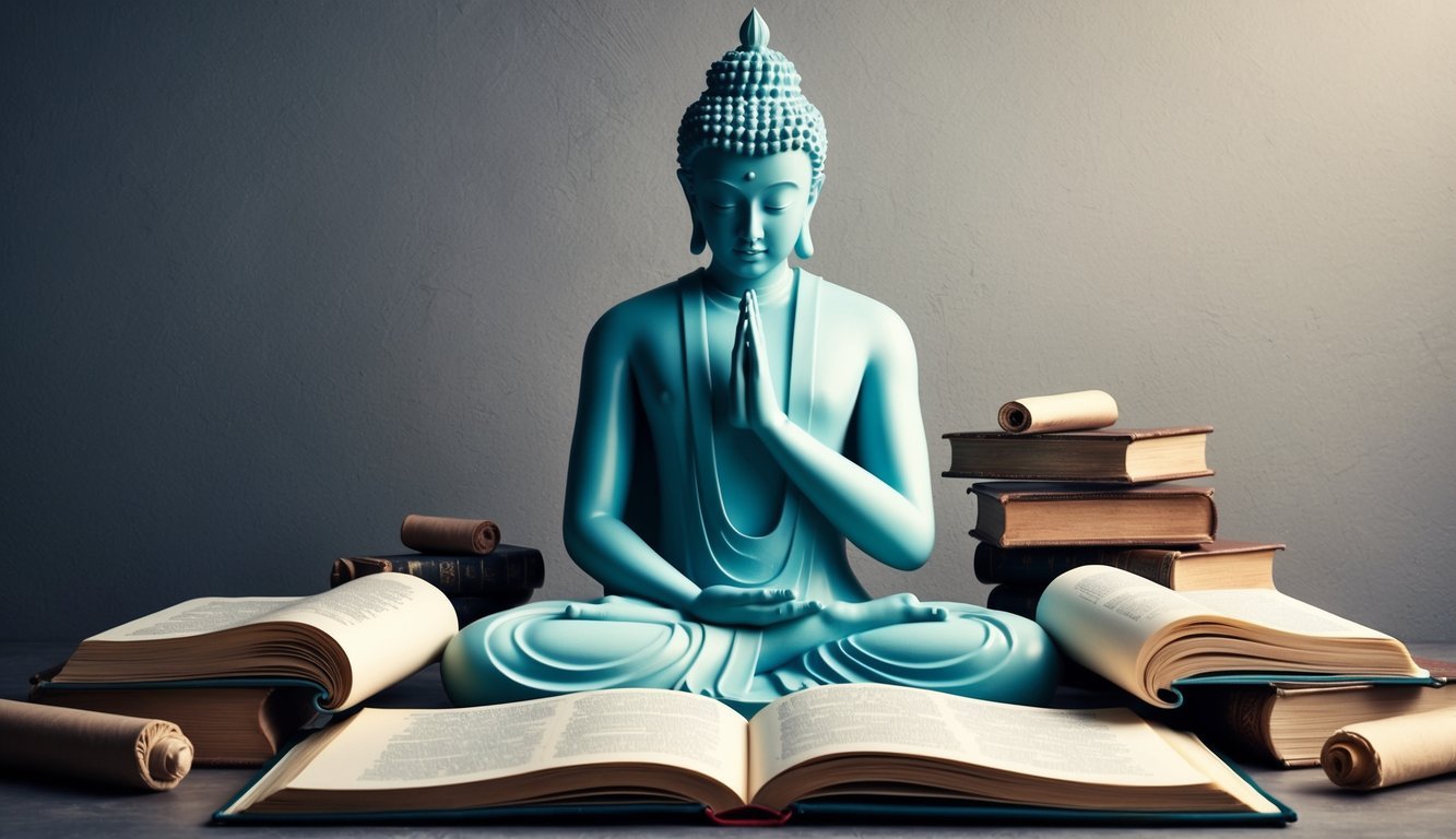 A serene figure sitting in contemplation surrounded by open books and scrolls, deep in thought
