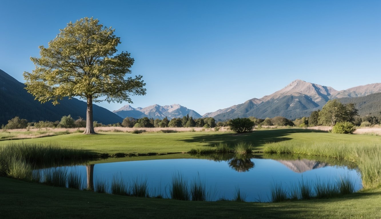 A serene, meditative setting with a lone tree and a tranquil pond, surrounded by mountains and a clear blue sky