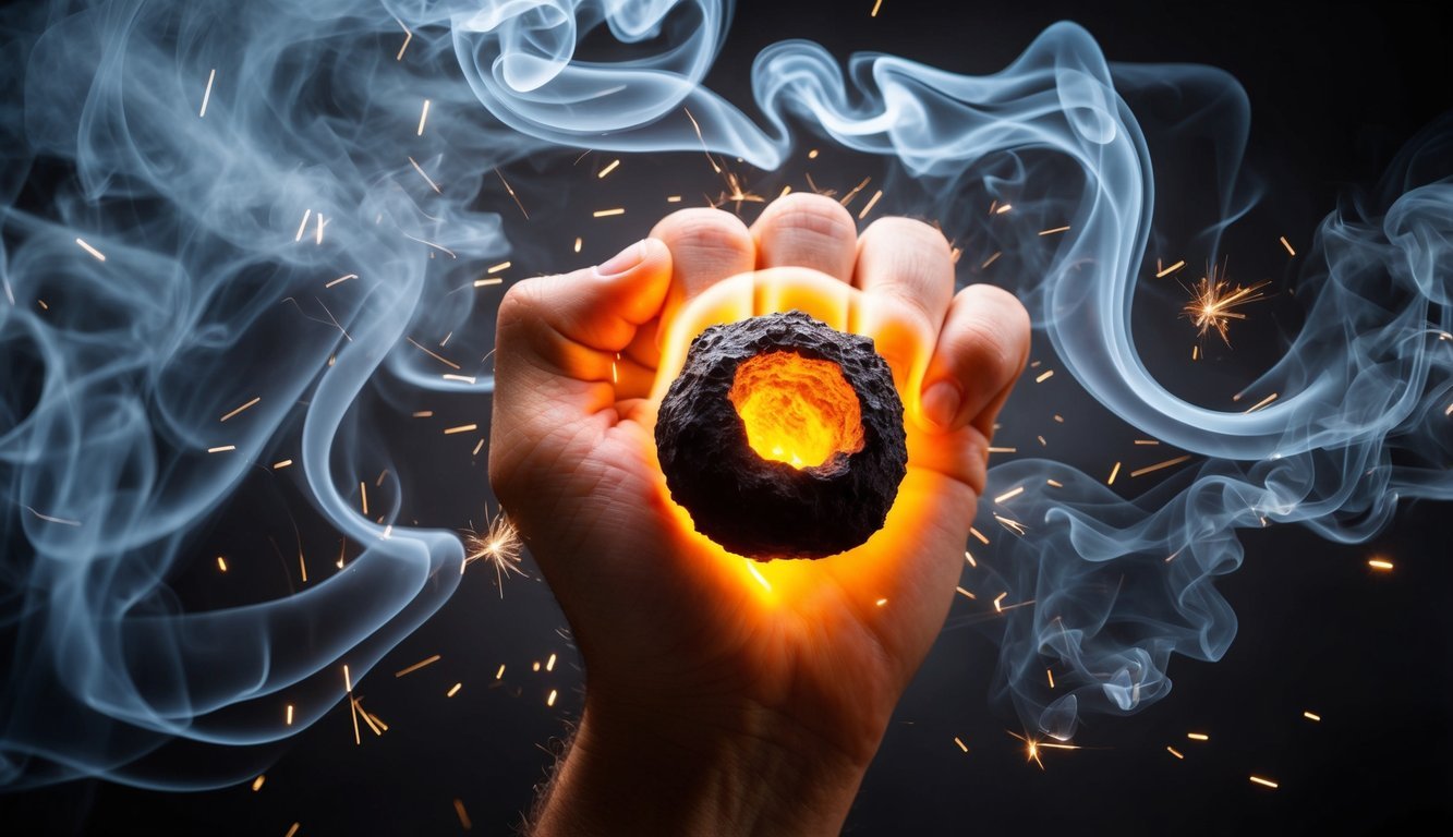 A glowing coal held in a clenched fist, surrounded by swirling wisps of smoke and sparks