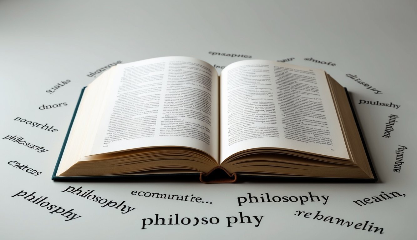 A tranquil, open book surrounded by scattered philosophy quotes, with a thoughtful atmosphere