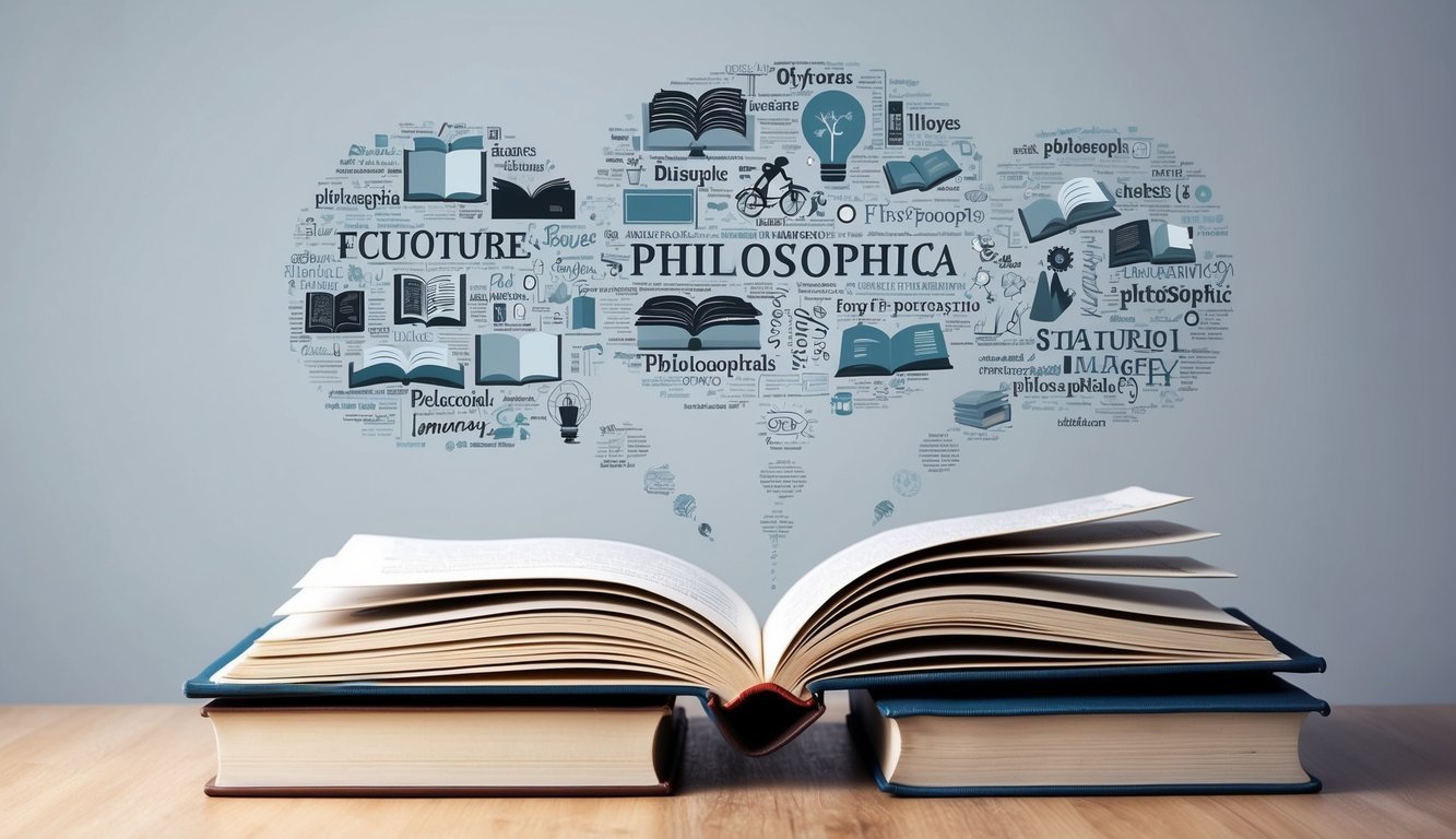 A stack of books with open pages, surrounded by floating thought bubbles filled with philosophical symbols and imagery