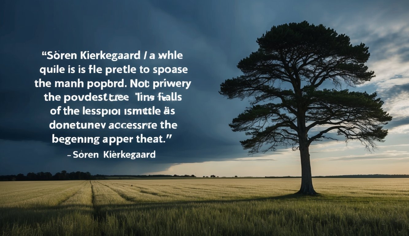 A solitary tree standing tall in a vast, open field under a dramatic sky, with the quote by Søren Kierkegaard prominently displayed