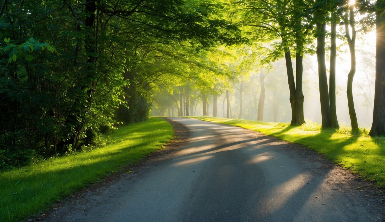 A serene path through a tranquil forest, with sunlight filtering through the leaves and casting dappled shadows on the ground