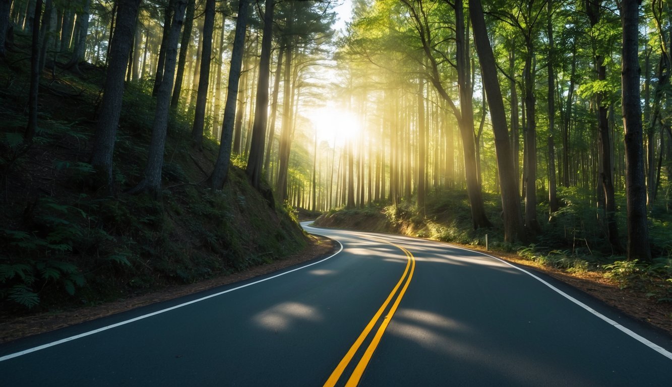 A winding road leading through a dense forest, with sunlight breaking through the trees and casting shadows on the ground