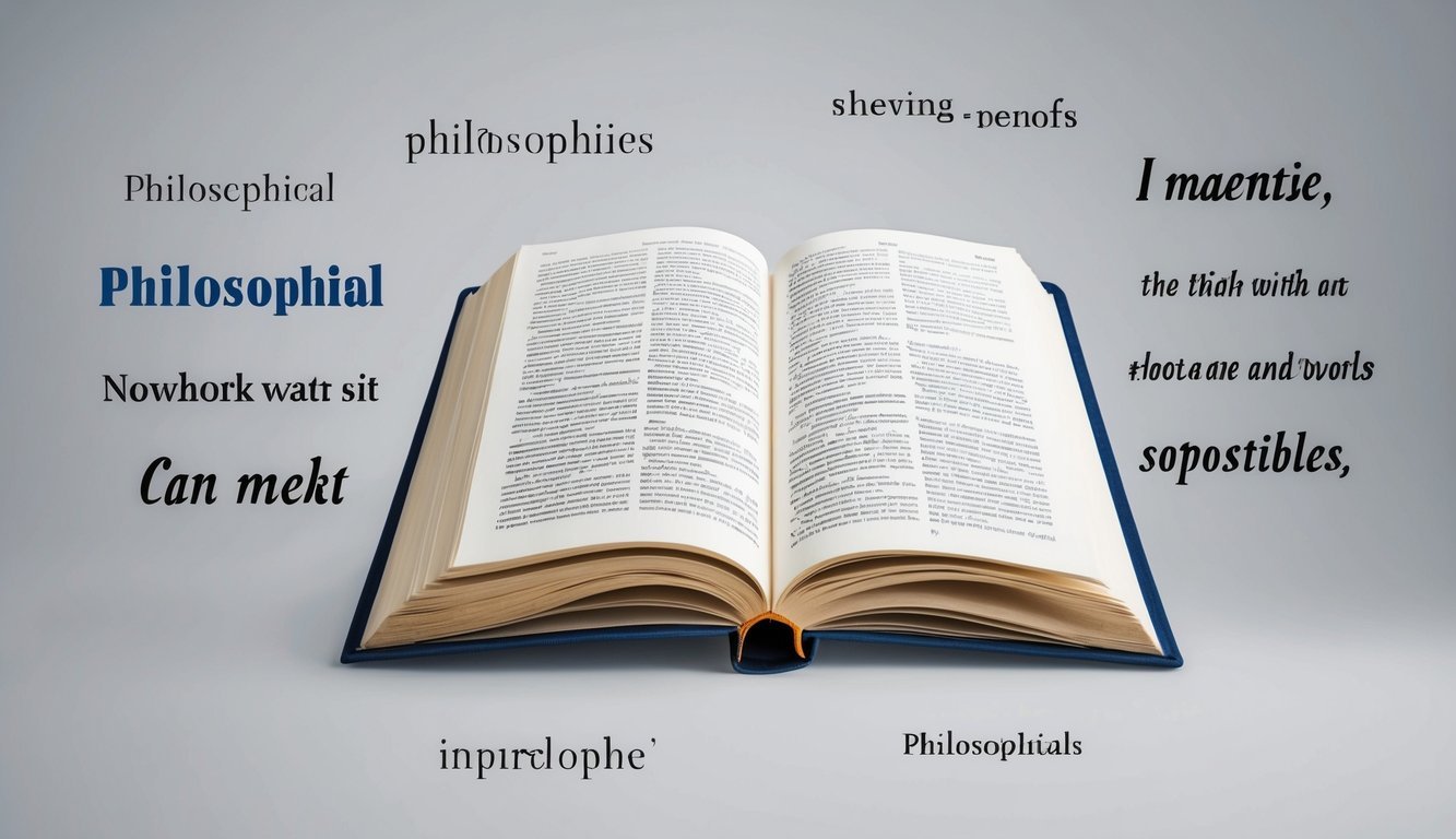 An open book surrounded by floating philosophical quotes