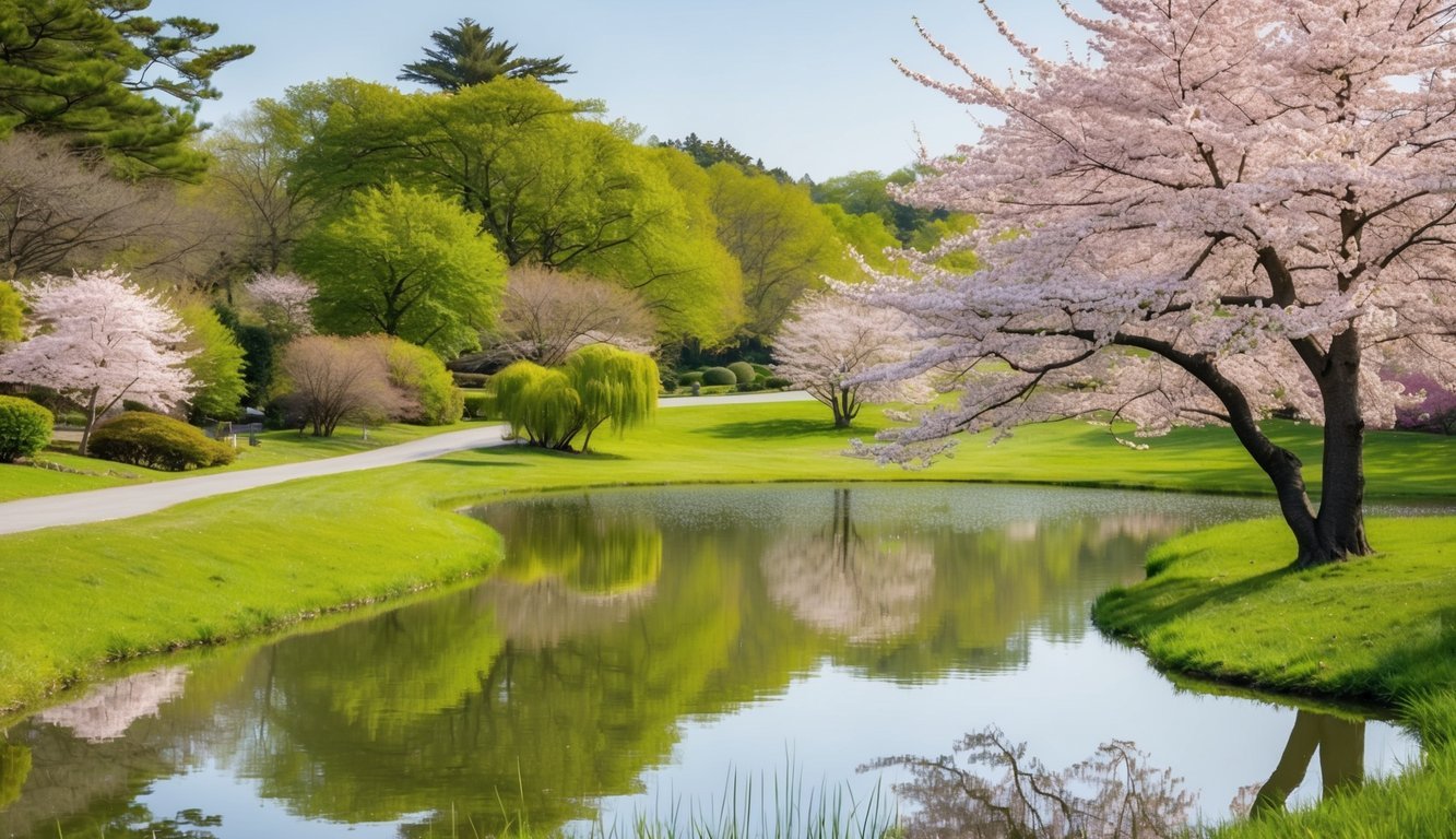 A serene landscape with a blooming cherry blossom tree and a tranquil pond reflecting the surrounding nature
