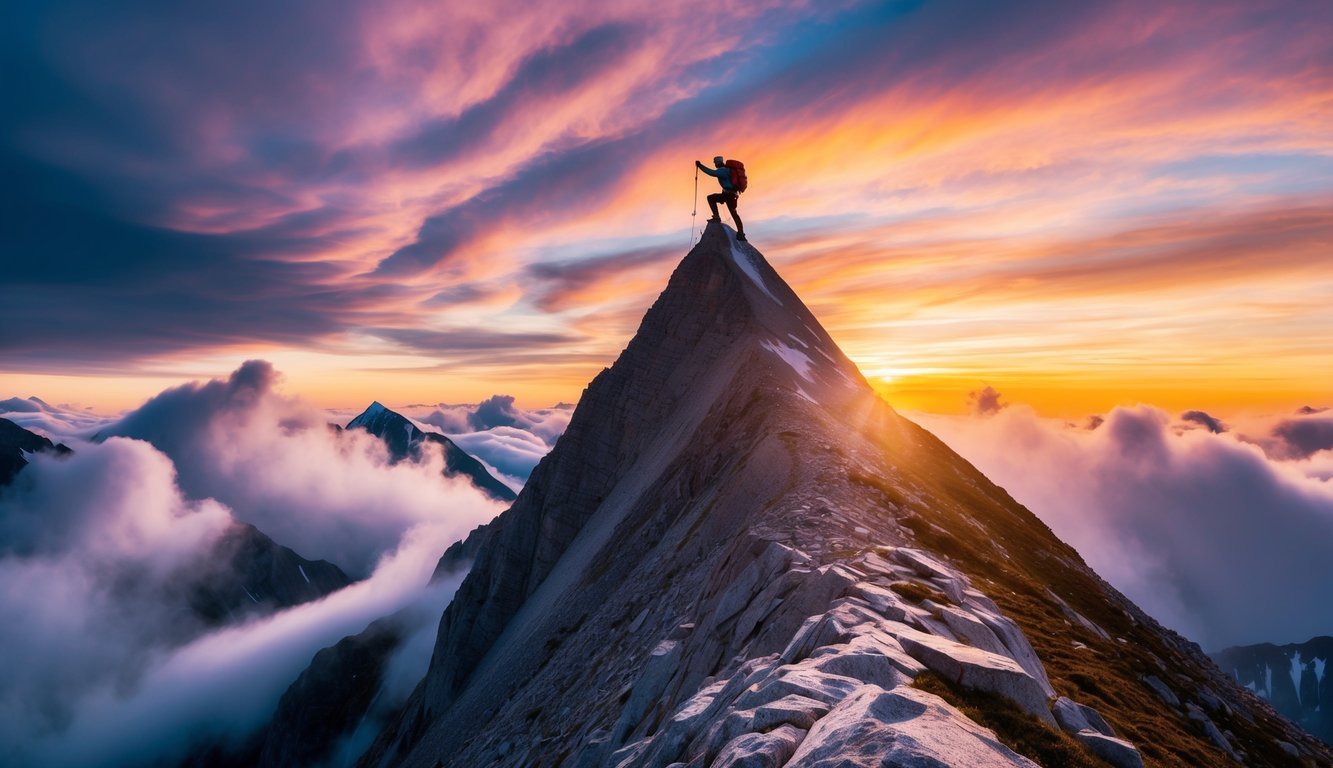 A mountain climber conquering a steep peak, surrounded by swirling clouds and a vibrant sunset, representing courage and boldness
