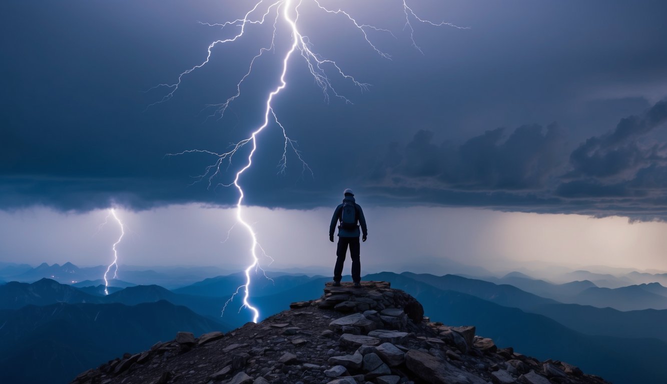 A lone figure stands atop a mountain peak, facing a storm with unwavering determination.</p><p>Lightning flashes, but the figure stands strong, embodying courage