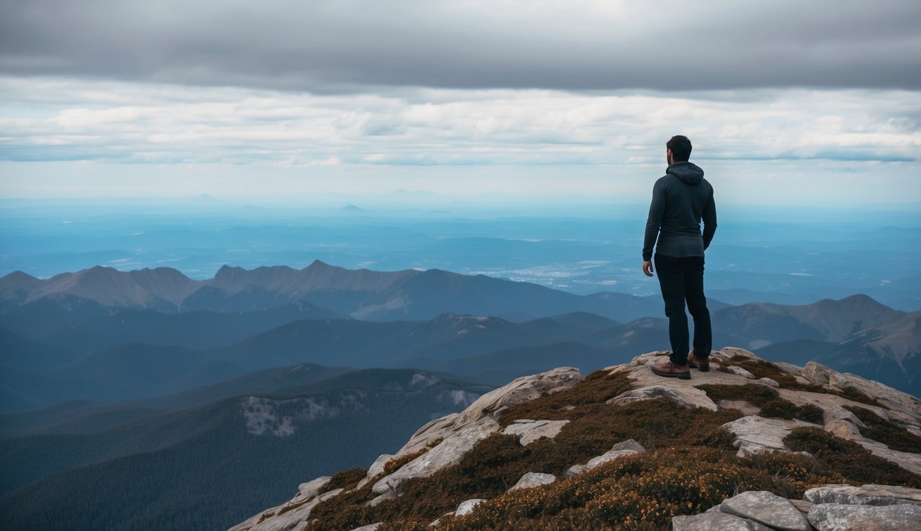 A lone figure stands atop a mountain peak, gazing out at the vast expanse of the world below, with a sense of determination and bravery in their posture