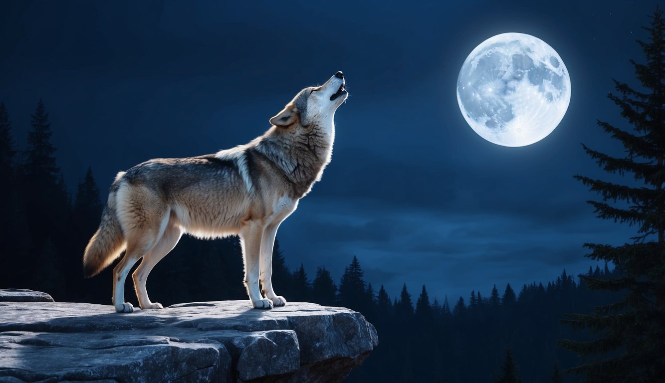 A lone wolf standing on a rocky cliff, howling at the moon, surrounded by a dark, mysterious forest