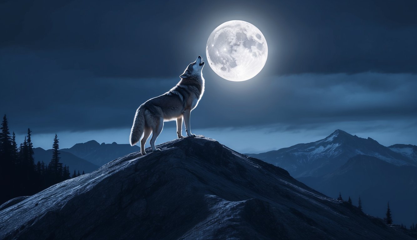 A lone wolf standing atop a mountain peak, howling at the moon, surrounded by a dark and mysterious forest