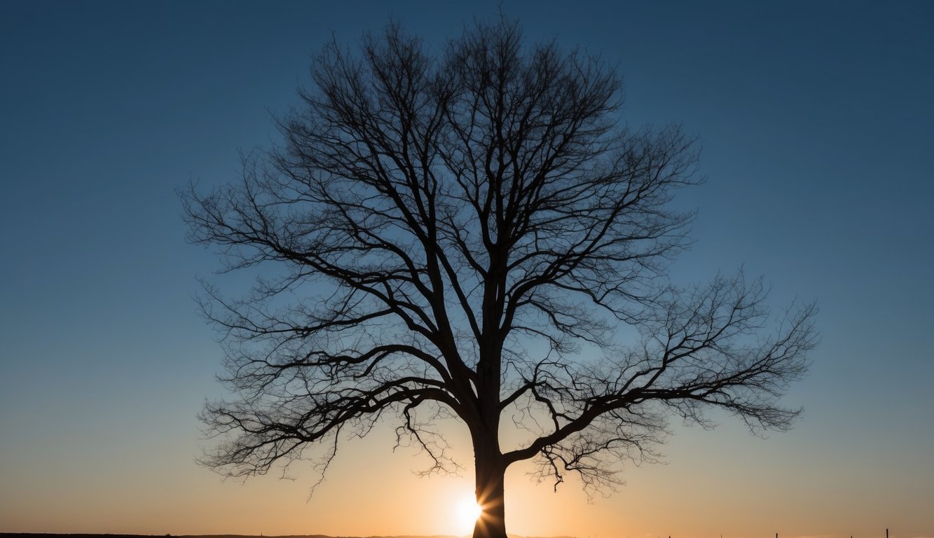 A lone tree standing tall against a setting sun, its branches reaching out in a quiet display of courage and resilience