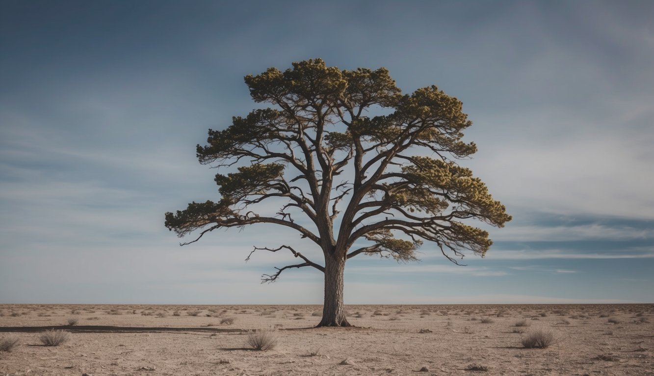 A lone tree stands tall amidst a barren landscape, its branches reaching out boldly towards the sky, symbolizing strength and courage