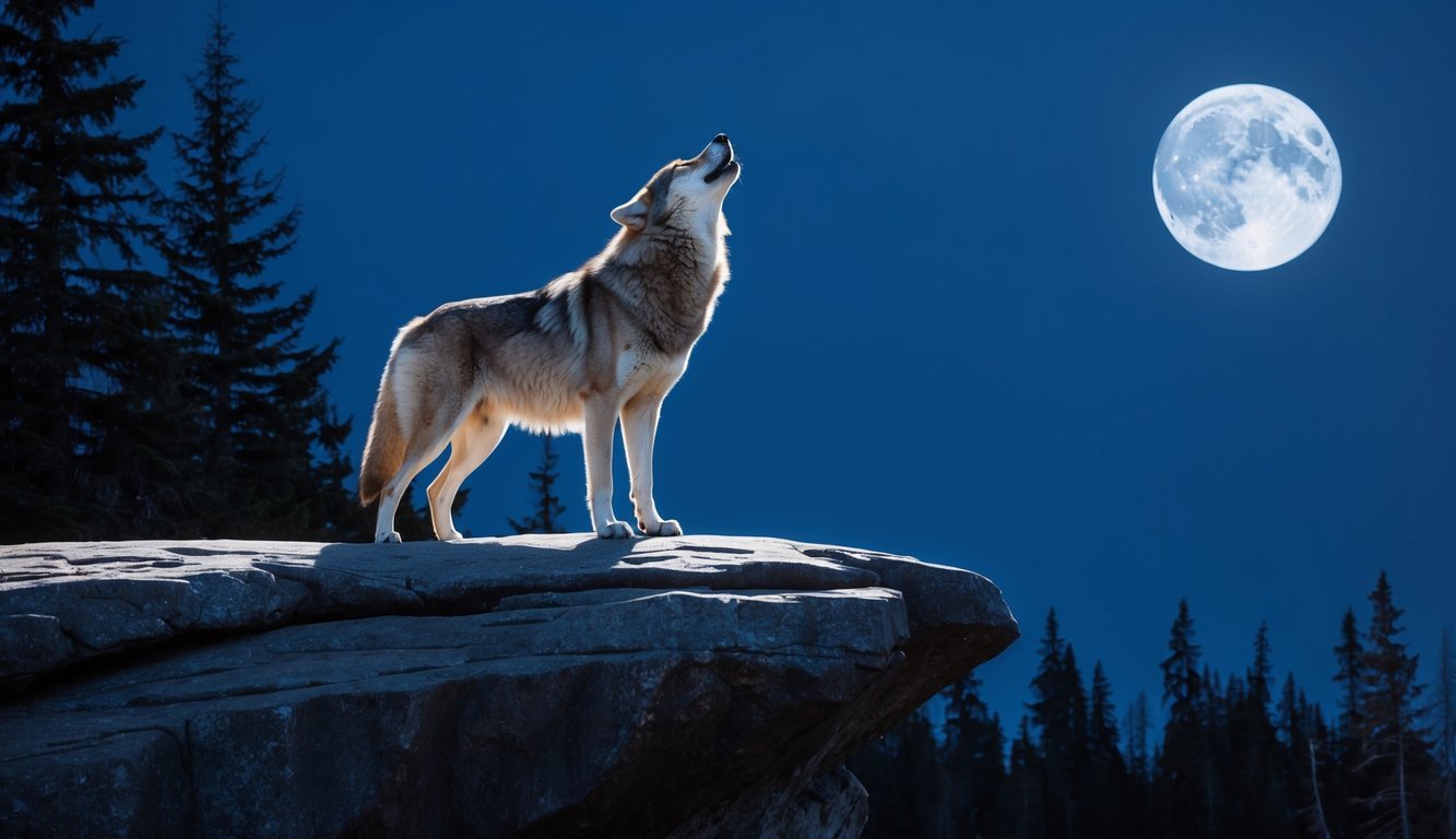 A lone wolf standing proudly atop a rocky cliff, howling at the moon, surrounded by a dark and mysterious forest