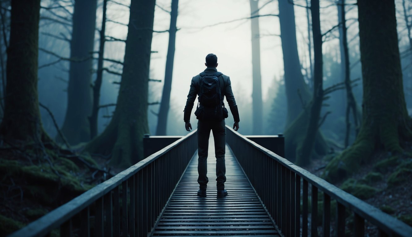 A lone figure stands on a narrow bridge, facing a daunting path through a dark and treacherous forest, with a determined expression and unwavering posture
