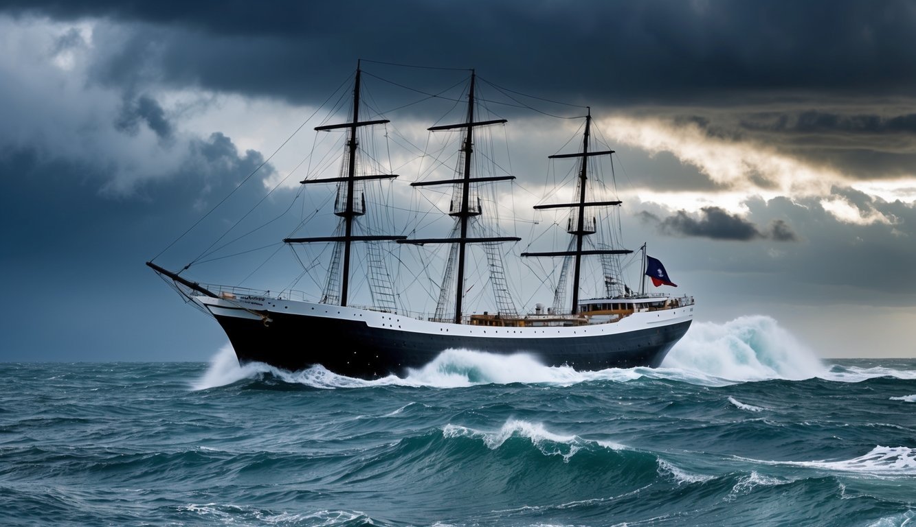 A sturdy ship sailing through stormy seas, waves crashing against its hull, under a dramatic sky
