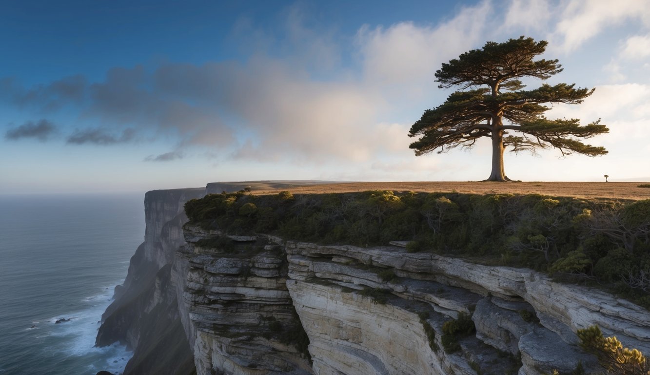 A lone tree stands tall on a cliff's edge, its roots clinging to the rocky precipice as the wind whips through its branches