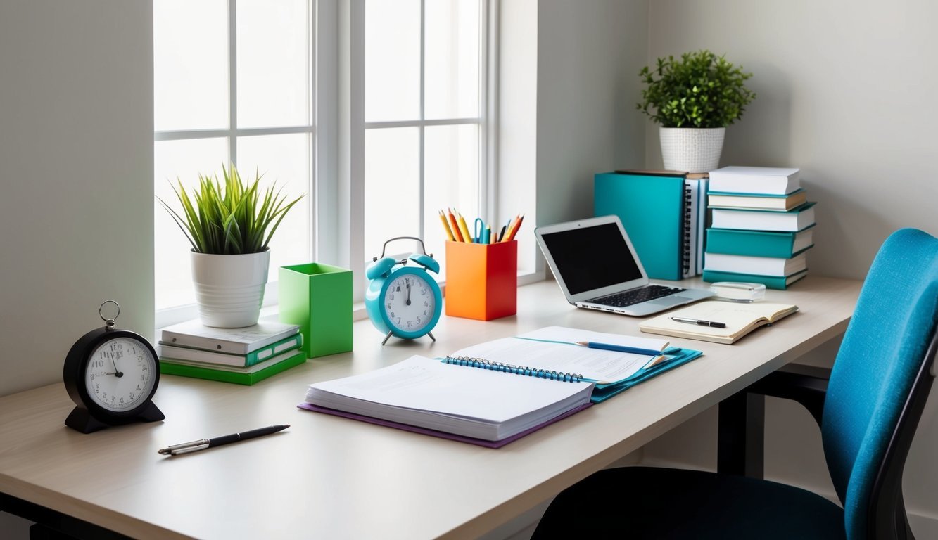 A desk with organized study materials, a timer, a quiet environment, and a comfortable chair for focused test preparation