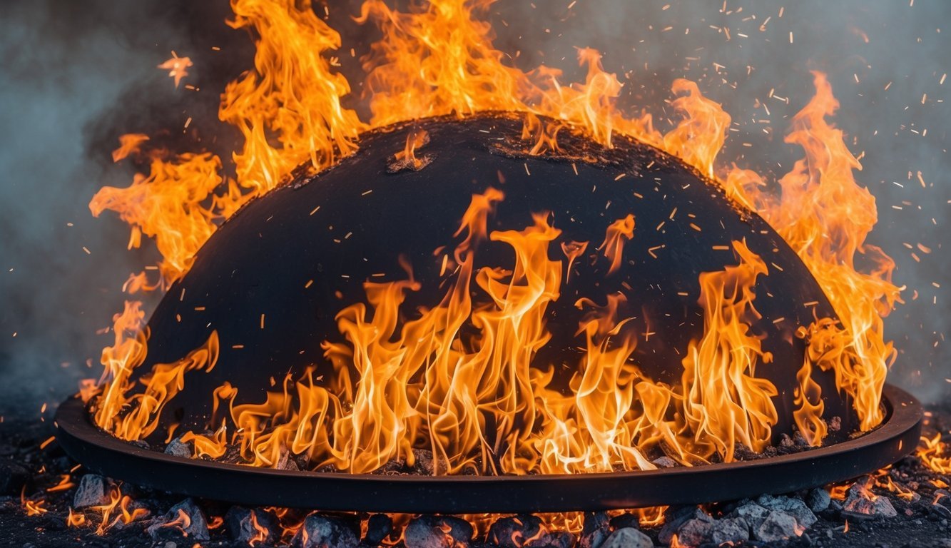 A roaring inferno, engulfing the world in flames, with sparks and embers dancing in the air, radiating intense heat and energy
