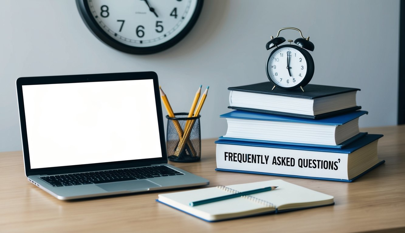 A desk with a laptop, notebook, and pencil.</p><p>A clock on the wall.</p><p>A stack of books with "Frequently Asked Questions" on top