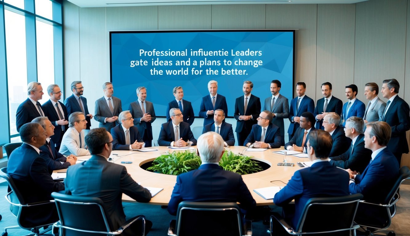 A group of influential business leaders gather in a boardroom, discussing ideas and making plans to change the world for the better