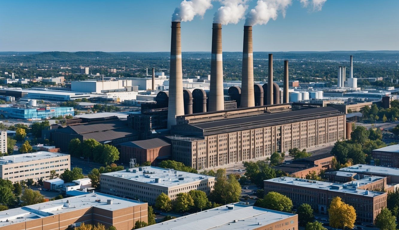 A grand industrial factory with smokestacks towering over a bustling city, surrounded by prosperous businesses and charitable institutions
