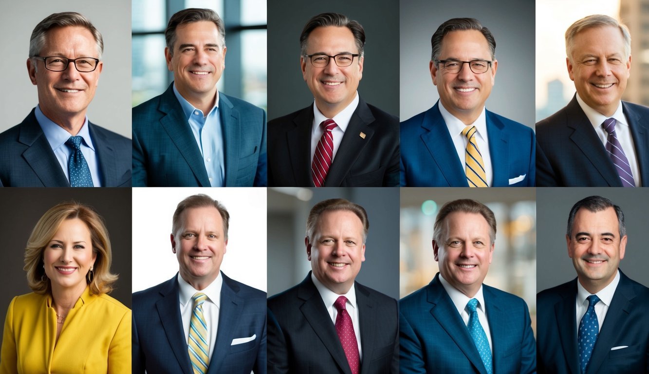Seven influential Christian business leaders in various global settings, depicted in a diverse and dynamic group portrait