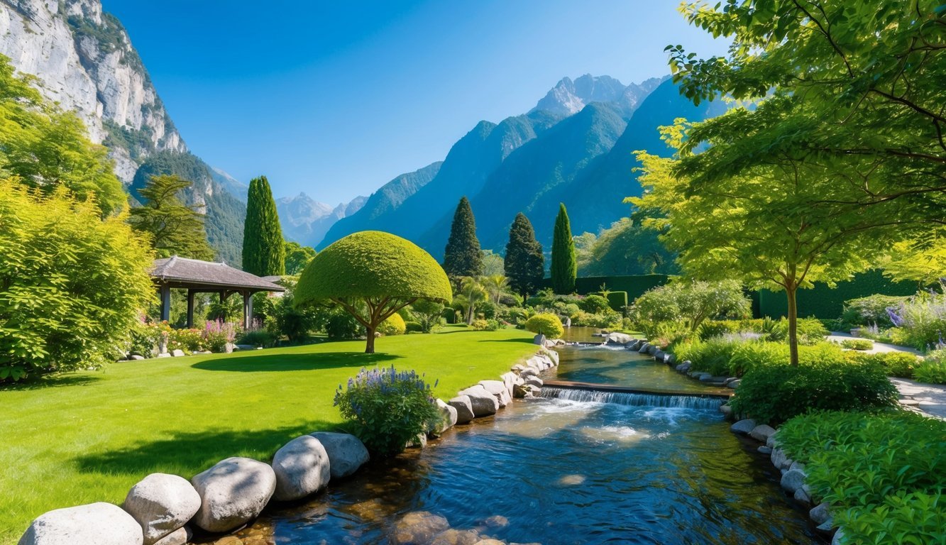 A serene garden with a peaceful stream flowing through, surrounded by towering mountains and lush greenery, under a clear blue sky