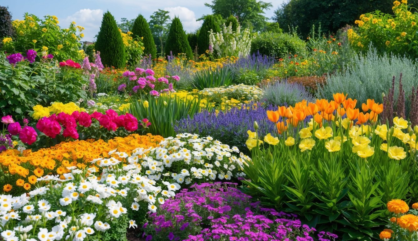 A vibrant garden with a variety of flowers in different colors, shapes, and sizes, symbolizing diversity and strength