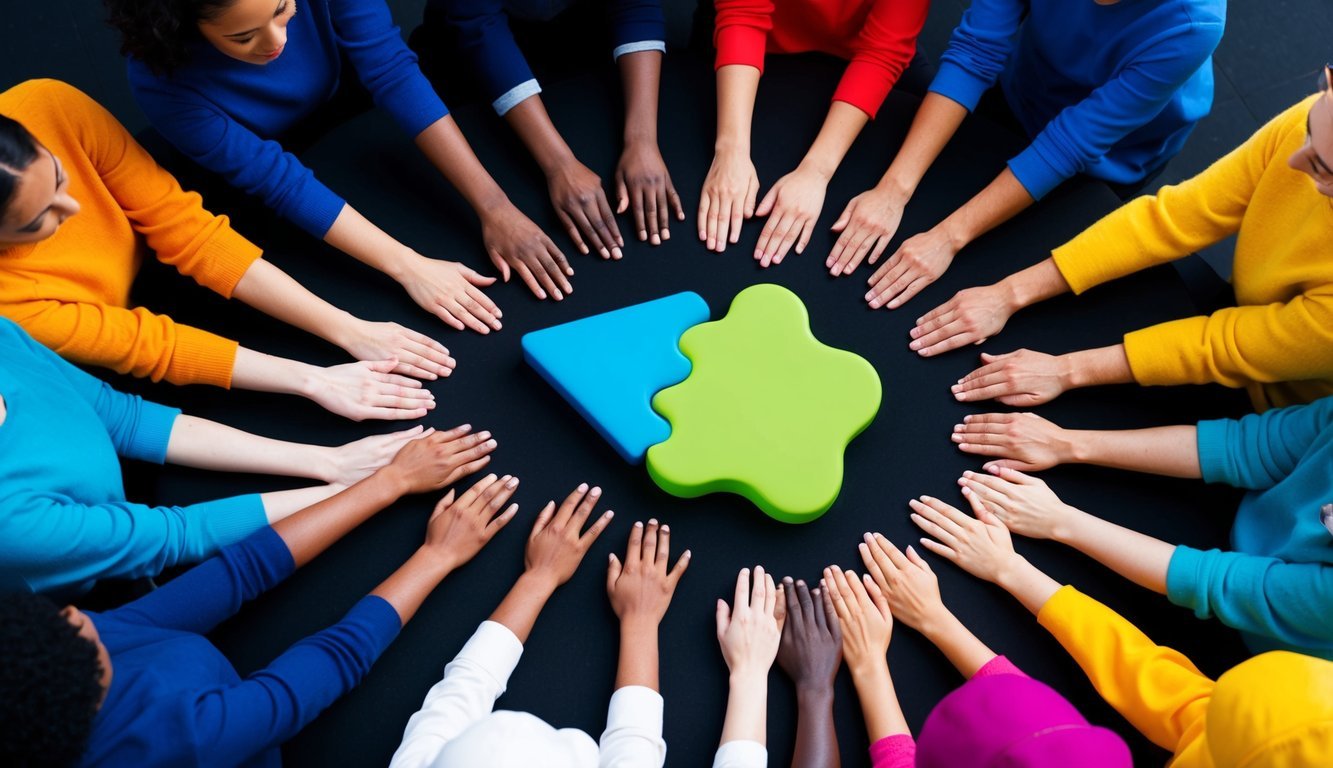 A group of various shapes and colors gathered in a circle, with one shape in the center being embraced by the others