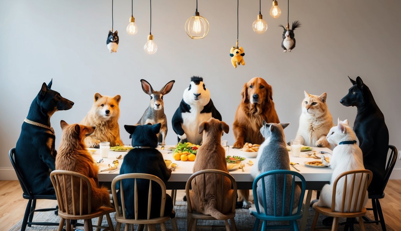 A diverse group of animals gathered around a table, sharing and celebrating their unique differences in a harmonious and inclusive manner