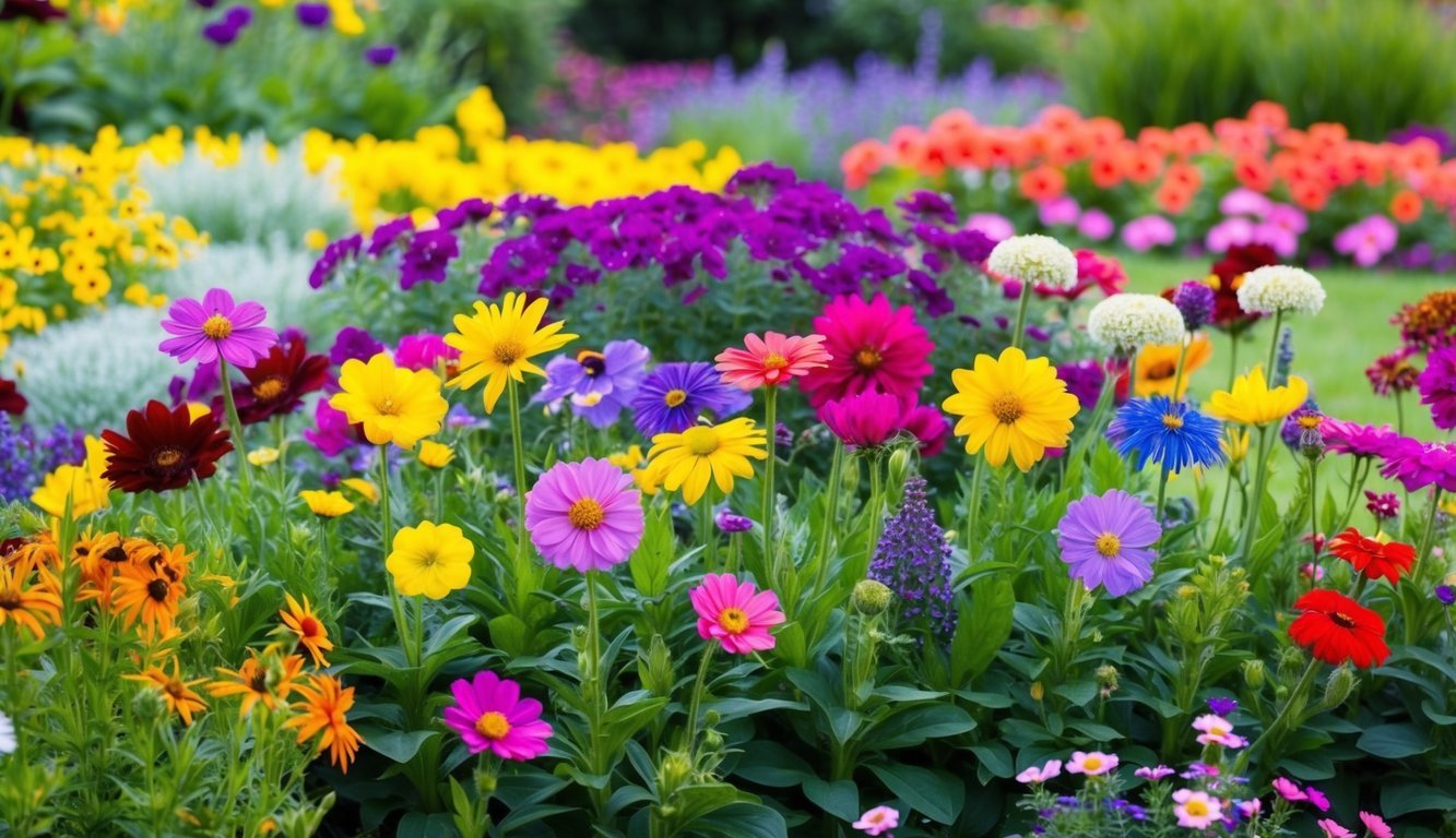 A vibrant garden with flowers of various shapes, sizes, and colors blooming together in harmony, representing the beauty of diversity