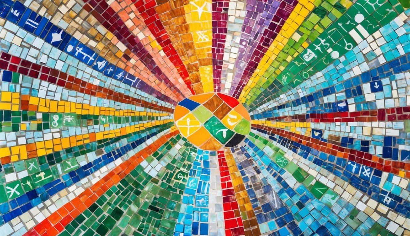 A vibrant mosaic of diverse symbols and colors coming together in harmony
