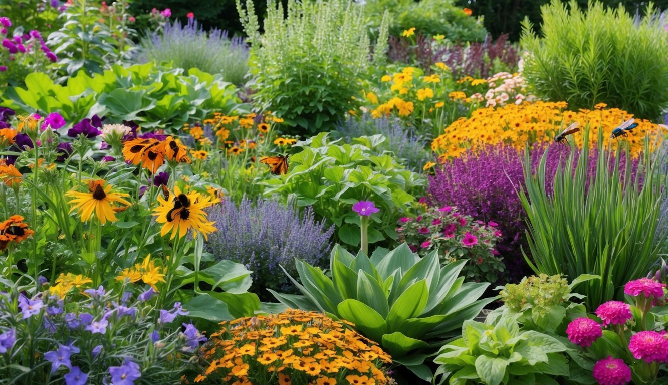 A vibrant garden with a variety of flowers, plants, and insects, showcasing the beauty of diversity and inclusion in nature